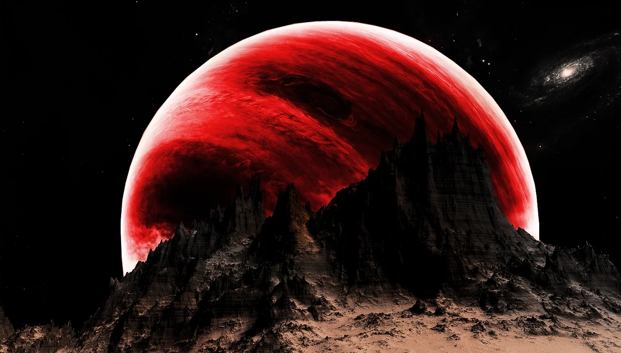 Mars rising over a dark ridge